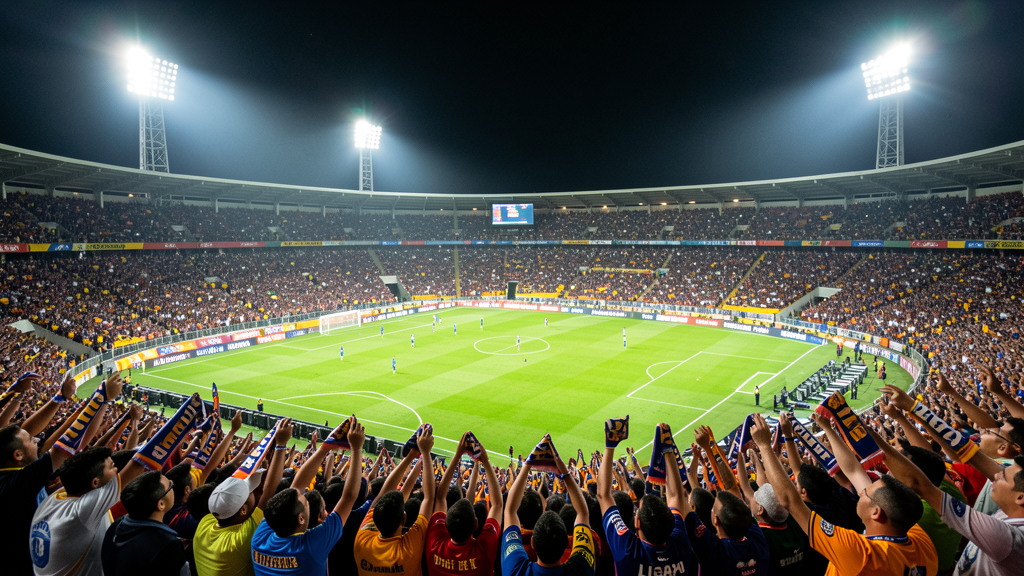 Estadio lleno de la LigaPro Ecuador de noche con luces
